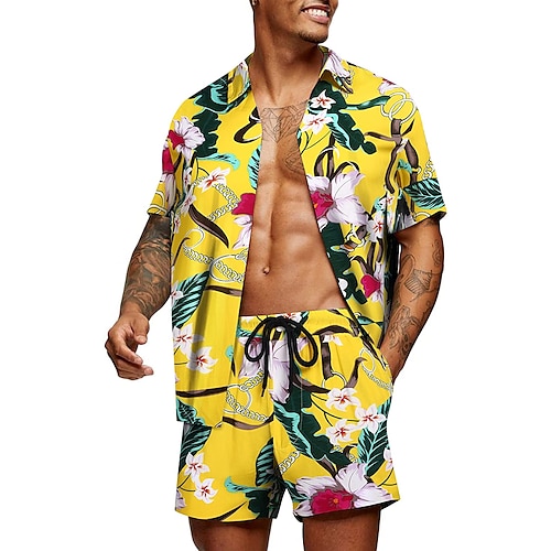 Herren Blumen Grafik Tropische Blumen 2St Hemden-Sets Sommer Hawaiihemd Kurzarm Kurze Hosen Umlegekragen Designer Strand Urlaub Lässig Täglich 3D Sommer Silber Rot / Weiß Grün / Schwarz Image