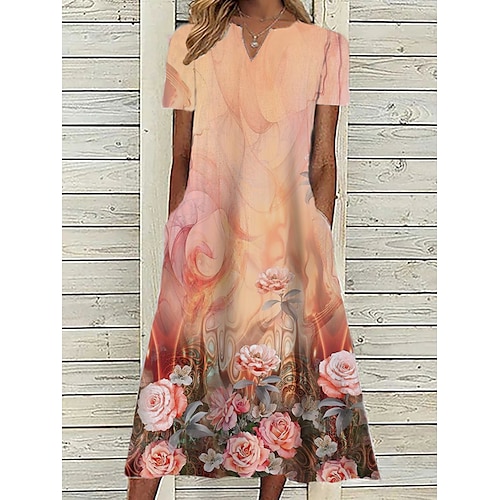 Rosa Kleid für Damen, Blumen-Grafikdruck, V-Ausschnitt, Midikleid, klassisch, Alltag, Urlaub, Kurzarm, Sommer, Frühling Image