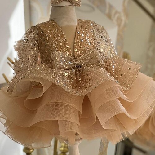 kinderkleidung Mädchen Party Kleid Feste Farbe 3/4 Ärmel Leistung Hochzeit Gitter Prinzessin Süß Gitter Mitte der Wade Etuikleid Tüll-Kleid Blumenmädchenkleid Sommer Frühling Herbst 2-12 Jahre Kamel Image