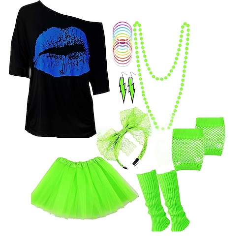 Damen 80er Kostüme Outfit 1980er T-Shirts Accessoires Set T-Shirt Tutu Rock Ohrringe Halskette Armbänder Netzhandschuhe Stulpen Stirnband 8-tlg Schlager Outfit Image