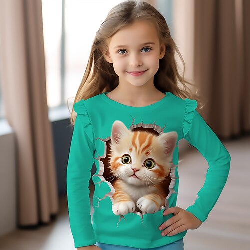 Mädchen 3D Karikatur Katze Rüschen-T-Shirt Rosa Langarm 3D-Druck Frühling Herbst Aktiv Modisch Kuschelig kinderkleidung 3-12 Jahre Rundhalsausschnitt Outdoor Casual Täglich Regular Fit Image