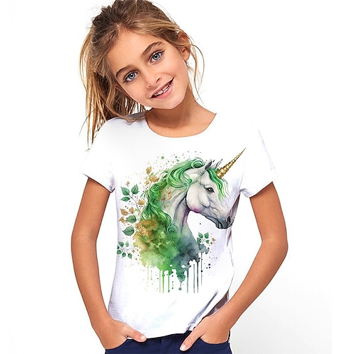 Mädchen 3D Tier Pferd T-Shirt Kurzarm 3D-Druck Sommer Frühling Aktiv Modisch Kuschelig kinderkleidung 3-12 Jahre Outdoor Täglich Innen Regular Fit Image