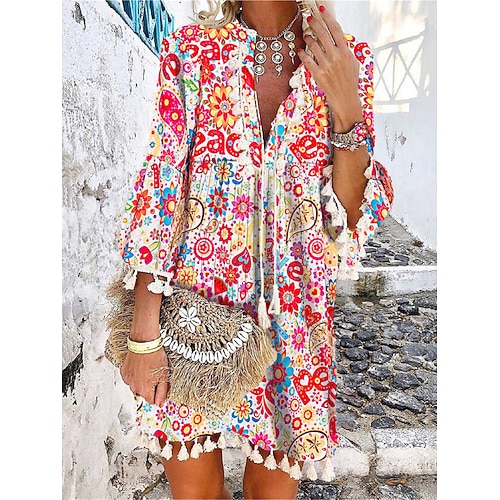 Damen Minikleid Casual kleid Langärmliges Boho-Kleid Sommerkleid Boho-Kleid Böhmen Ethnisch Urlaub Festtage Lockere Passform Blumen Geometrisch Farbblock Gespaltener Hals Weiß Rote Marineblau Fuchsie Image