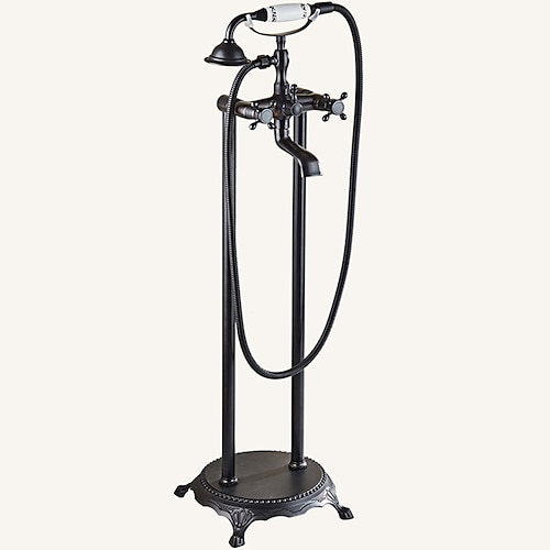 rubinetto vasca a pavimento, forma telefono in ottone stile retrò finitura galvanica ottone due maniglie rubinetto doccia due fori con doccetta e scarico