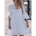 Women's White Dress Lace Dress Summer Dress Mini Dress Lace Patchwork Street Holiday Date Streetwear Basic V Neck 3/4 Length Sleeve Loose Fit White Color One-Size Size