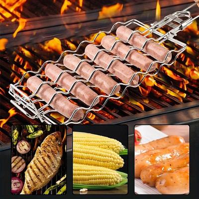 1pc Stainless Steel Hot Dog Rack, Sausage Roller Rack, Detachable Roasted Sausage Rack, Sausage Grill Net BBQ Tools Corn Grill Removable Folding Portable Grill Net Clip Thanksgiving Halloween Christma