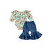 Franhais Baby Girls 2Pcs Fall Outfits Long Sleeve Off Shoulder Floral Romper + Flare Pants Set