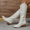 Women's Boots Biker boots Cowboy Boots Plus Size Outdoor Daily Solid Color Embroidered Knee High Boots Winter Block Heel Chunky Heel Round Toe Vintage Casual Minimalism Faux Leather PU Zipper White