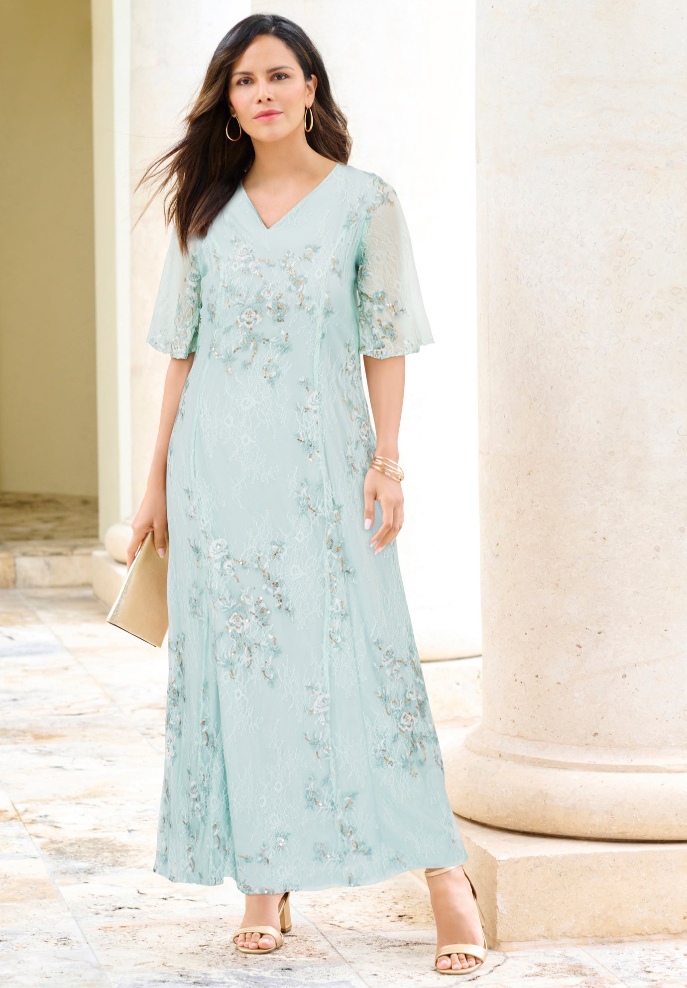 Plus Size Women's Plus-Size Flutter Sleeve Allover Embroidered Gown by Roaman's in Mint Rose Bouquet (Size 14 W)