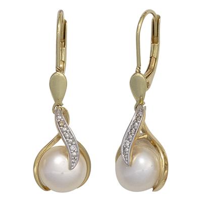 Perlenohrringe JOBO, gelb (gelbgold 585), Ohrringe, Damen, SI = kleine Einschlüsse, Gelbgold 585-Diamanten-Perlen, Gelbgold 585, Diamanten, Perlen, 585 Gold mit 6 Diamanten und Süßwasser-Zuchtperlen Image