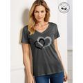 100% Cotton Heart Valentine's Day Gray Print V Neck Short Sleeve T shirt