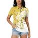 Qwertyu Polo Shirt Women Short Sleeve Cotton Collared 3 Buttons Tee Tops Floral Print Short Sleeve Button Down Casual Moisture Wicking Work Golf Shirts Yellow L