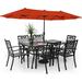 & William Patio Dining Set for 6 with 13ft Double-Sided Patio Umbrella 8 Piece Metal Outdoor Table Furniture Set - 6 Outdoor Chairs 1 Rectangle Dining Table and 1 Large Navy Blue Um