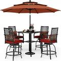 & William Patio Bar Set 6 Piece Outdoor Dining Table and Chairs Metal Furniture Set with 4 Swivel Bar Stools 1 Square Bar Height Table and 3-Tier 10ft Patio Umbrella Navy