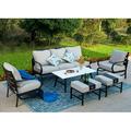 VILLA 4 Piece Patio Conversation Sets Outdoor Deluxe Metal Furniture Patio Set with 3 Seater Padded Deep Seating Bench 2 Swivel Cushioned Armrest Sofa Chairs and 1 Good-Looking Coffee