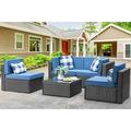 7 Pieces Outdoor Patio Sectional Sofa Couch Black PE Wicker Furniture Conversation Sets with Washable Cushions & Glass Coffee Table for Garden Poolside Backyard (Aegean Blue)