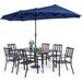 Perfect VILLA 5 Piece Outdoor Dining Set with 10ft Umbrella 37 Square Metal Dining Table & 4 Stacking Metal Chair with 3 Tier Beige Umbrella for Patio Deck Yard Porch