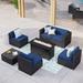 8 Pieces Patio Furniture Set with 45 Plate Embossing Propane Fire Table Outdoor PE Rattan Sectional Sofa Set Patio Gas Fire Pit Conversation Set with Blue Cushions & Glass Table