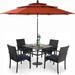 Perfect & William Outdoor 6 Pieces Dining Set with 4 Rattan Chairs 1 Metal Table and 1 10ft 3 Tier Auto-tilt Umbrella(No Base) Orange Red Modern Patio Furniture for Poolside Porch