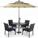 Perfect & William Outdoor 6 Pieces Dining Set with 4 Rattan Chairs 1 Metal Table and 1 10ft 3 Tier Auto-tilt Umbrella(No Base) Orange Red Modern Patio Furniture for Poolside Porch