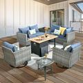 HOOOWOOO Patio Conversation Set Wicker Rattan Patio Furniture Set with Swivel Rocking Chair and Firepit Bright Blue