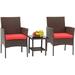 WAGEE 3 Piece Bistro Conversation Set Patio Brown Wicker Chairs Furniture Outdoor Furniture Set 2 Rattan Chairs with Red Cushions and Glass Coffee Table for Porch Lawn Garden Balcony Backyard