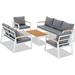 Perfect Aluminum Patio Furniture Set 5 Pieces Outdoor Conversation Set with Teak Wood Top Coffee Table Sectional Sofa Set with Wood Armrest and Cushions for Outside Poolside Lawn Back