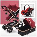 Baby Stroller for Newborn, High View Baby Pram Stroller for Toddler, 3 in 1 Shock-Absorbing Infant Pushchair Carriage Bassinett with Mosquito Net, Cup Holder, Foot Cover (Color : Red)