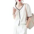 Gyios t shirt Women Clothes Summer Contrast Color Elegant Chic Ice Silk Knitted T Shirt V Neck Short Sleeve Loose Pullover Tops-white-l(60-70kg)