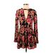 Free People Casual Dress - Mini Crew Neck Long sleeves: Burgundy Floral Dresses - Women's Size 4