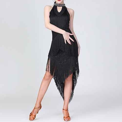 Latein-Tanzkleid, Fransen, Quasten, Rüschen, solides Damen-Trainings-Performance-Kleid, ärmellos, hoher Polyesteranteil/Tanz-Partykleid Image