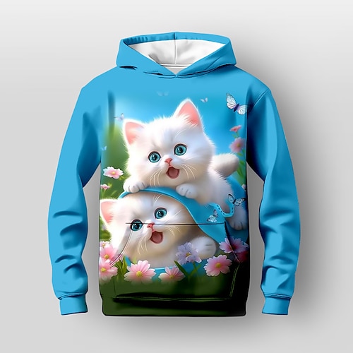 Mädchen 3D Blumen Karikatur Katze Kapuzenshirt Langarm 3D-Druck Herbst Winter Aktiv Modisch Kuschelig kinderkleidung 3-12 Jahre Outdoor Casual Täglich Regular Fit Image