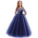 IBTOM CASTLE Little Big Girls Flower Vintage Floral Lace 3/4 Sleeves Floor Length Dress Wedding Party Evening Formal Pageant Dance Gown 3-4 Years Navy Blue