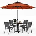 Perfect VILLA Outdoor 10ft Patio Umbrella Set for 4 with 5 Pieces Dining Table Chairs Metal Outdoor Stackable Wrought Iron Chair Set of 4 & 37 Metal Table 3 Tier Vented Dark Blu
