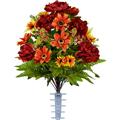 Artificial Cemetery Flowers â€“ Realistic Outdoor Grave Decorations - Non-Bleed Colors- Burgundy Peony And Orange Bouquet For Cemetery-Vase Sold Separately