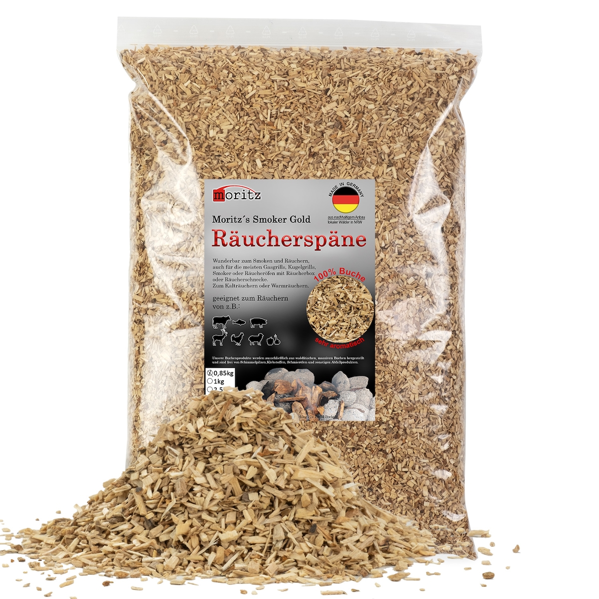 Moritz 0,85kg Räucherspäne Buche fein 0,75 -2 mm Räuchern I Kalträuchern von Fisch Fleisch Wurst Käse Gemüse auch für BBQ I Grill - Räuchermehl Image