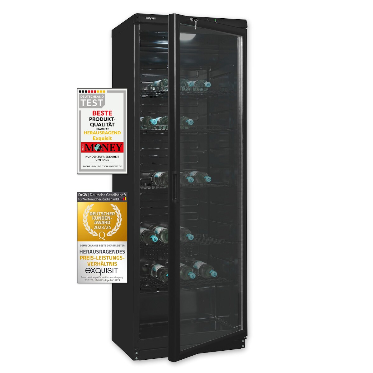 Exquisit Glastürkühlschrank GKS350-1-GT-280D schwarz | 320 Liter Nutzinhalt | LED-Innenbeleuchtung | Umluftventilator | Türschloss Image