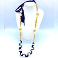 J. Crew Jewelry | Designer Jcrew Gold Tone Faux Pearl, Rhinestone Adjustable Black Ribbon Necklace | Color: Black/Gold | Size: 60” With Ribbon
