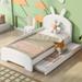 White Chenille Upholstered Twin Platform Bed with Cartoon Ears Headboard, Guardrail, Solid Frame, Easy Assembly