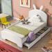 White Chenille Upholstered Twin Platform Bed with Cartoon Ears Headboard, Guardrail, Solid Frame, Easy Assembly