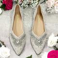 Femme Chaussures de mariage Ballerines Chaussures scintillantes Strass Talon Plat Bout pointu Elégant Mode Cuir microbien Mocassins Beige