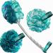 2-Side-Loofah-Back-Scrubber & Bath-Sponges by-Shower-Bouquet: 1-Long-Handle-Back-Brush Plus 2-Extra-Large 75g Soft Mesh Poufs Men & Women - Exfoliate with Full Pure Cleanse in Bathing Accessories