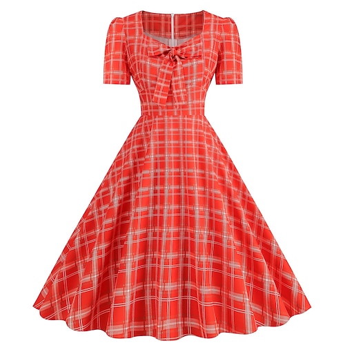 Retro Vintage 1950er Rockabilly Knielang Kleid Swing-Kleid Ausgestelltes Kleid Karo Kariert Vichy-Karo Kostüm Damen Karneval Maskerade Urlaub Alltagskleidung Retro-Mottoparty Erwachsene Kleid Image