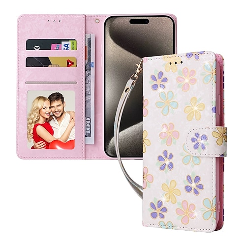 Handy Hülle Handyhüllen Für iPhone 17 Pro Max 17 Air 16 15 14 Pro Max Plus 13 12 11 Pro Max Mini Brieftaschenhülle Vollschutz Mit Handgelenkschlaufe Ständer Blumendruck TPU PU-Leder Image