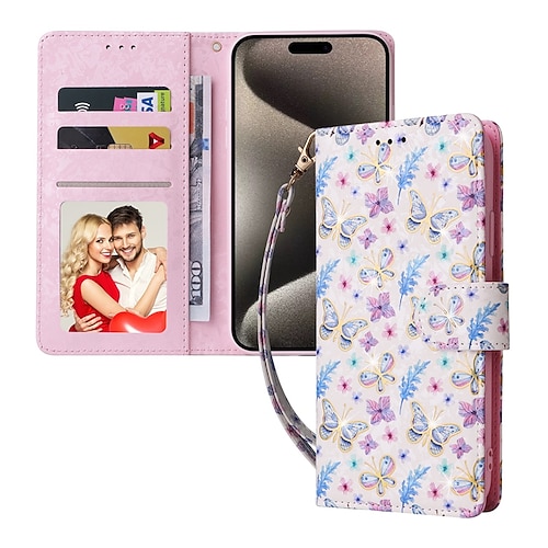 Handy Hülle Handyhüllen Für iPhone 17 Pro Max 17 Air 16 15 14 Pro Max Plus 13 12 11 Pro Max Mini Brieftaschenhülle Vollschutz Mit Handgelenkschlaufe Ständer Blumendruck TPU PU-Leder Image