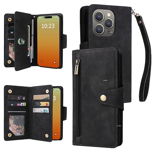 Handy Hülle Handyhüllen Für iPhone 17 Pro Max 17 Air 16 15 14 Pro Max Plus 13 12 11 Pro Max Mini Brieftaschenhülle Reisverschluss Mit Handgelenkschlaufe Ständer Retro TPU PU-Leder Image