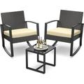 Popular Qsun 3 Pieces Patio Furniture Set Patio Rocking Bistro Set Outdoor Patio Furniture Sets Rattan Conversation Sets with Coffee Table for Garden Balcony Backyard Poolside (Grey Cushi