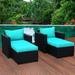 Popular Furniture Sectional Sofa 4 Pieces Outdoor Wicker Furniture Set Armrest Chairs Ottomans with Turquoise Cushions and Furniture Covers Black Rattan