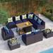 Simplicity 6 Pieces Outdoor Patio Furniture Set with 45 Plate Embossing Propane Fire Pit Table Outdoor Wicker Sectional Sofa Conversation Set with Blue Cushions & Coffee Table