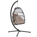 Indoor/Outdoor Wicker Swing Egg Chair Hammock Hanging Chair Nest Basket with Stand Rattan Swing Hammock Egg Chair with X Type Base and C Type bracket with Cushion and Pillow